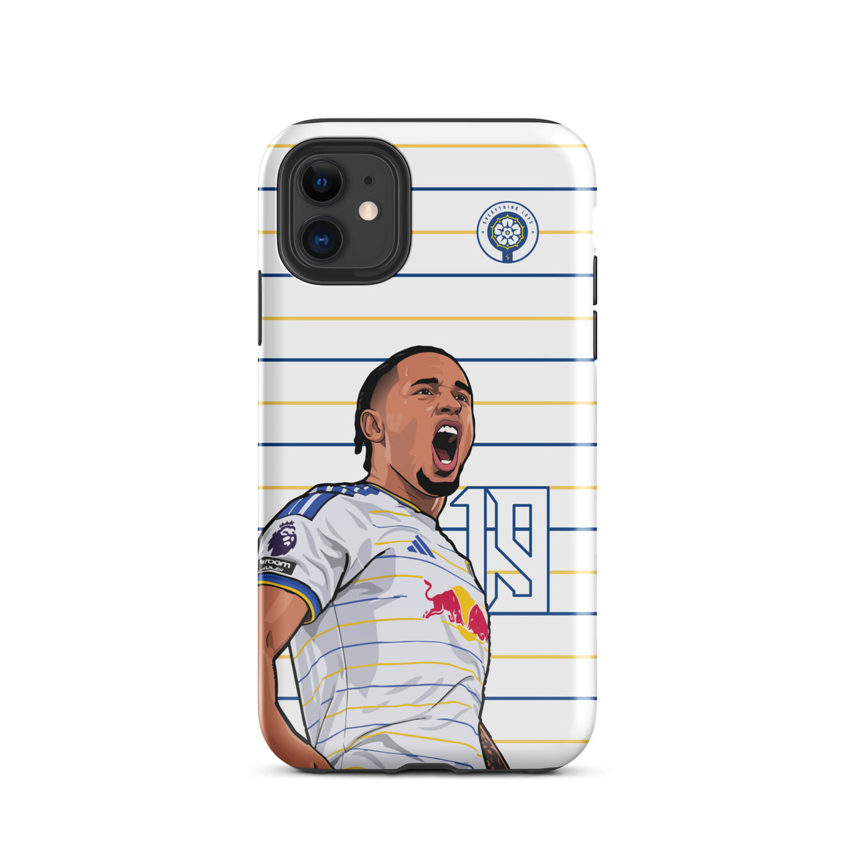 Tough iPhone case with white-and-blue stripes, Leeds United crest, player celebration graphic