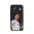 Dark iPhone case with Noah Okafor shouting celebration graphic and round emblem