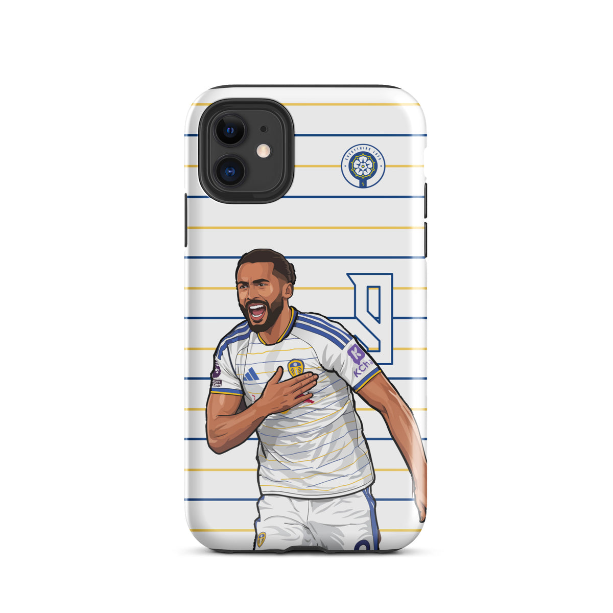 Tough iPhone case featuring white-blue stripes, player illustration, and circular team badge