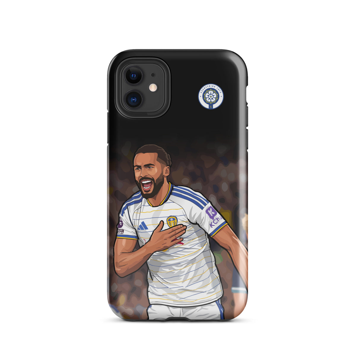 Tough black iPhone case with Leeds United badge and Calvert-Lewin soccer graphic