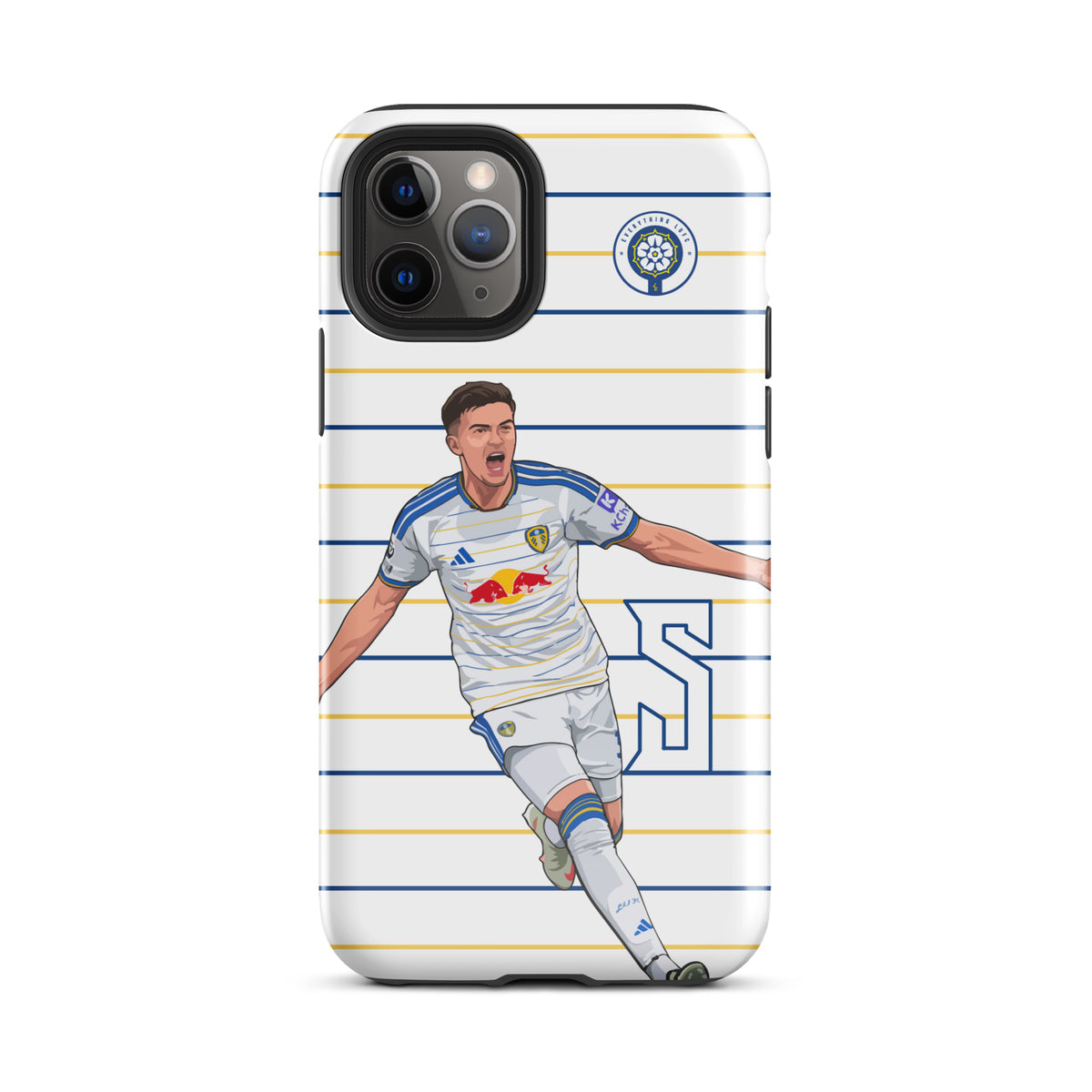 Tough iPhone case with horizontal stripes, triple-camera cutout, and player celebration graphic