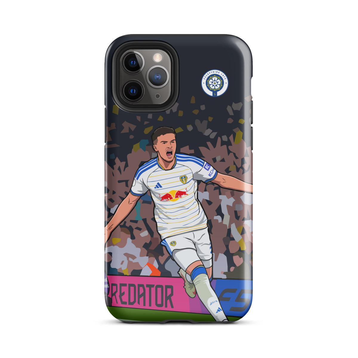Tough iPhone case with footballer celebration artwork, dark camo design and camera module openings