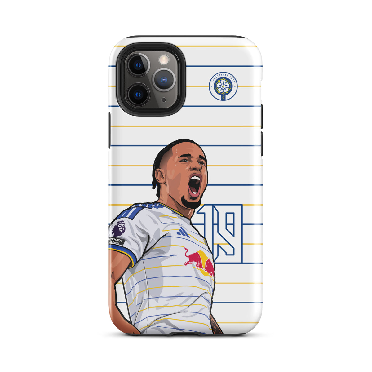 Tough iPhone case with white-and-blue stripes, Leeds United crest, player celebration artwork