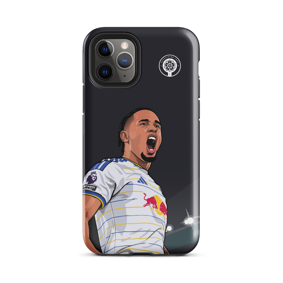 Dark tough iPhone case showing Noah Okafor celebrating with camera cutouts