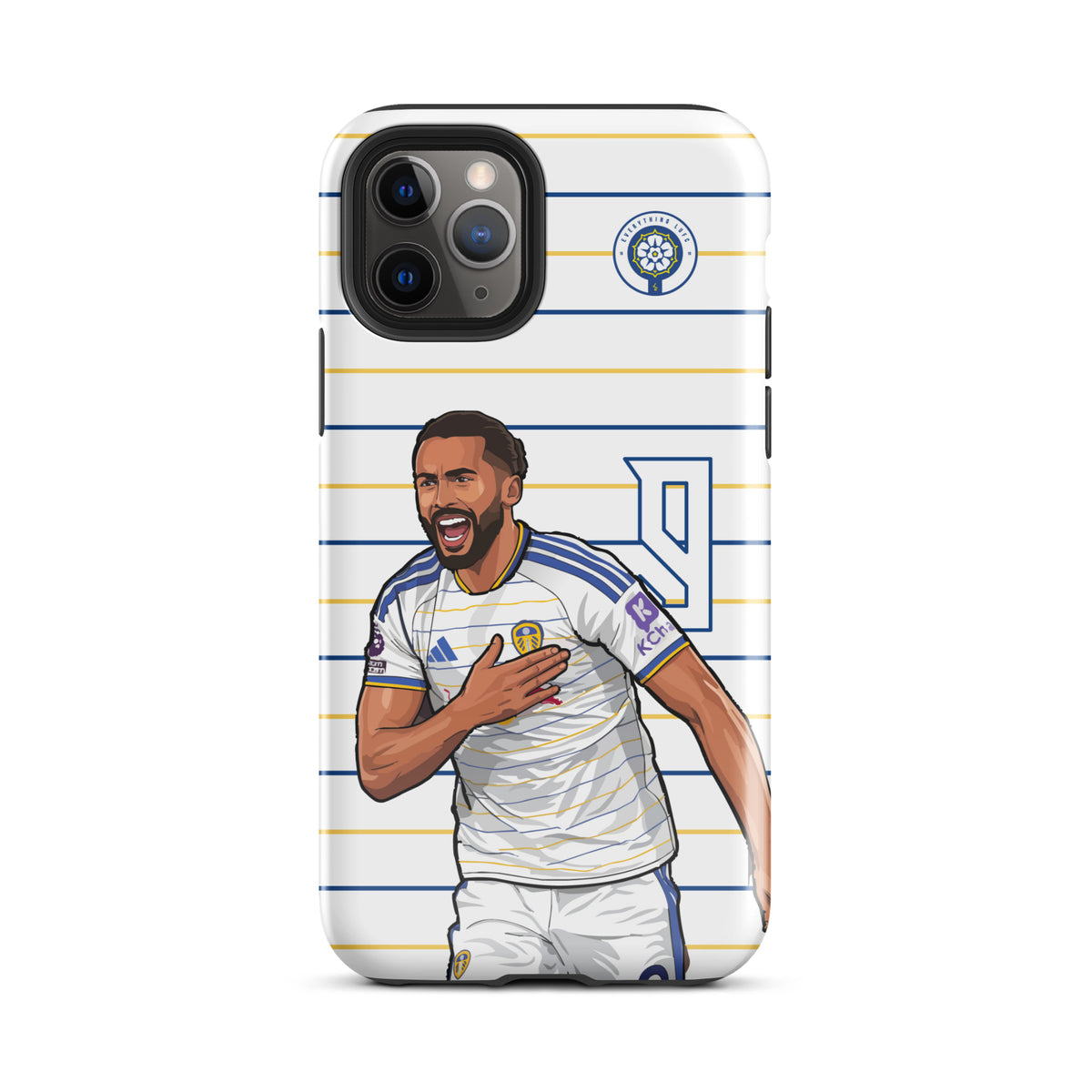 Tough iPhone case with striped design and cheering football player graphic in blue and white