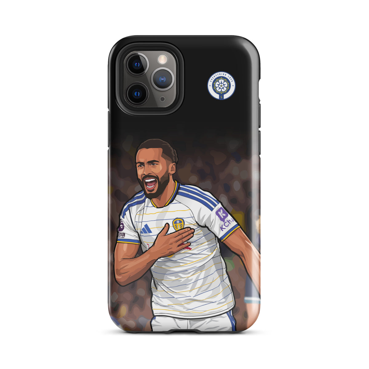 Tough black iPhone case with Leeds United badge and Calvert-Lewin player artwork