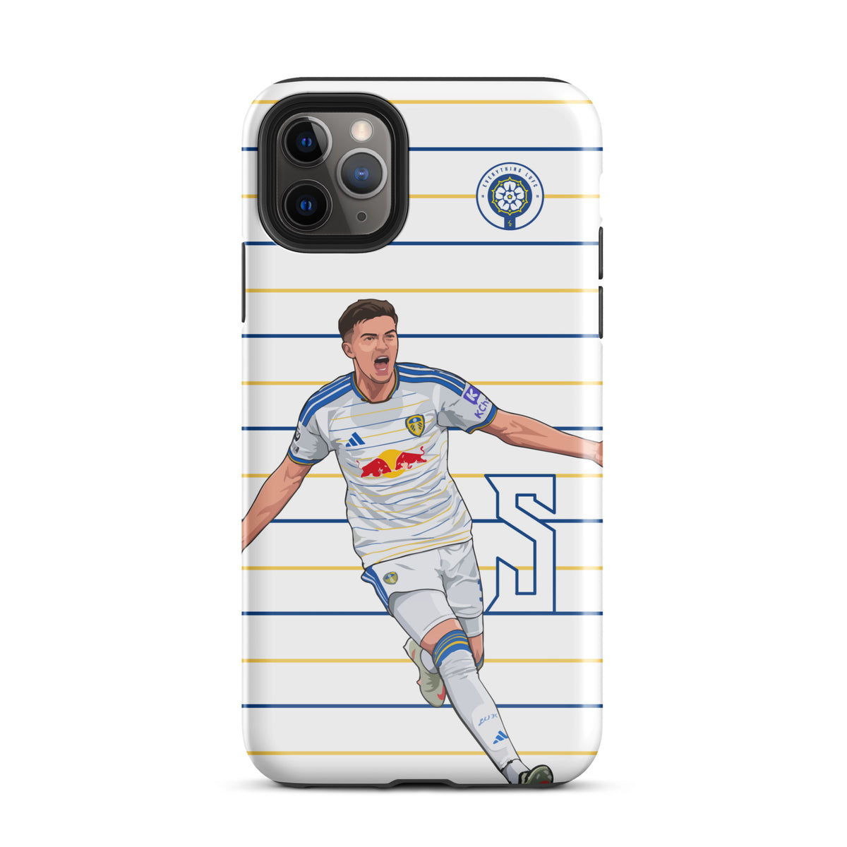 Tough iPhone case with blue-and-yellow stripes, quad-camera cutout, and player celebration art