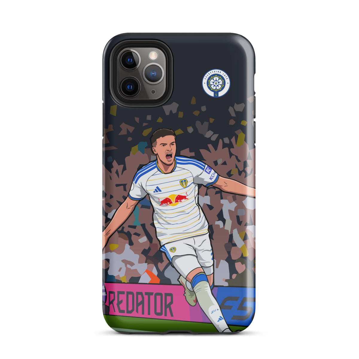Tough iPhone case showing footballer celebration graphic on navy camo background, camera openings
