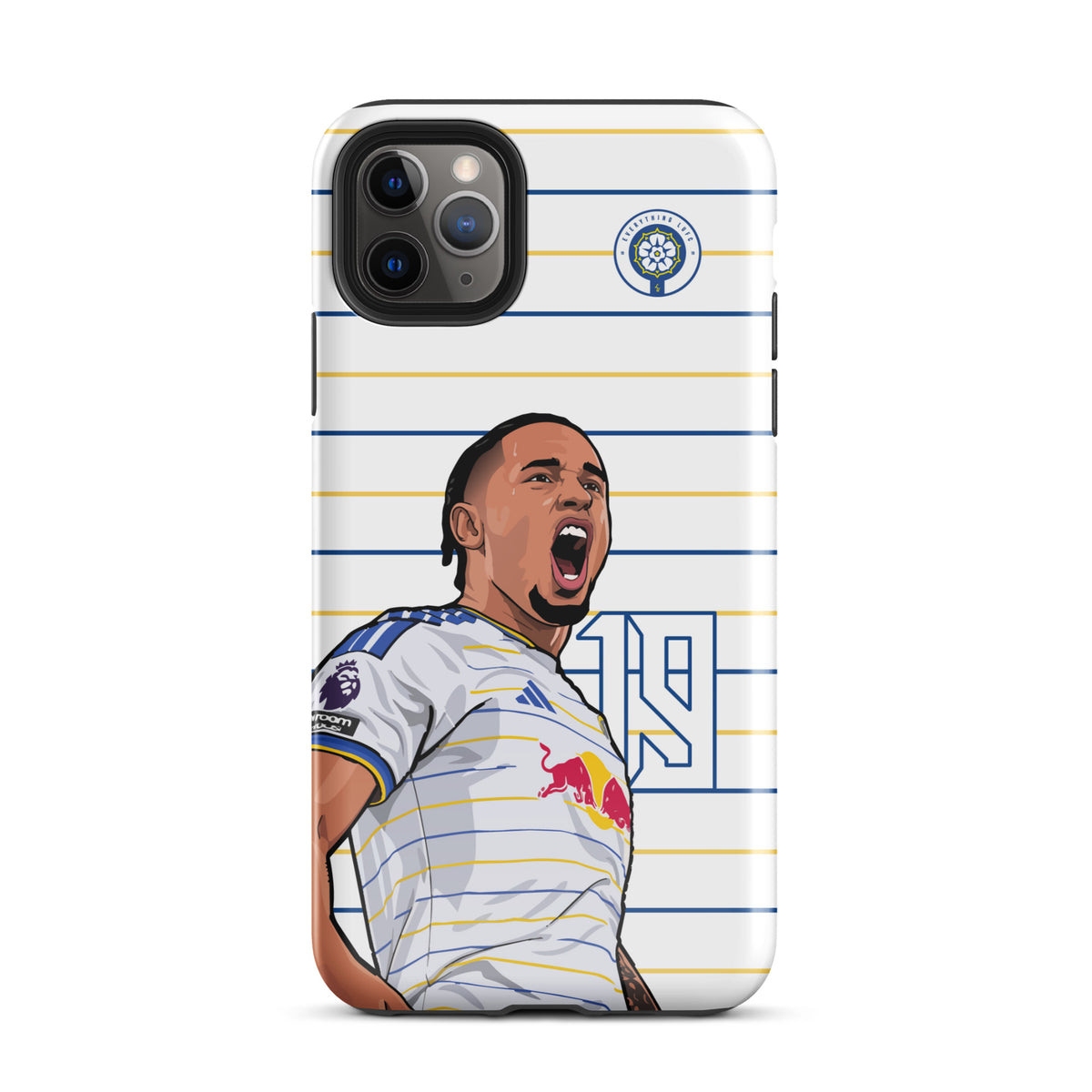 Tough iPhone case showing camera cutouts, white-and-blue stripes, Leeds United crest