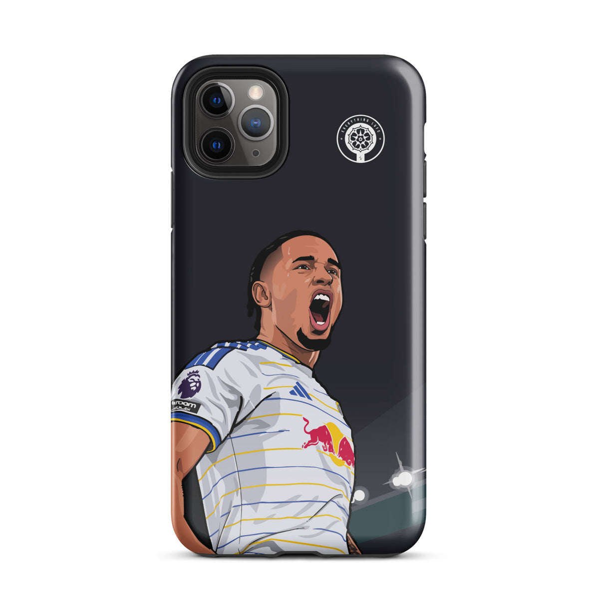 Dark iPhone case featuring Noah Okafor celebration artwork and side grip edges