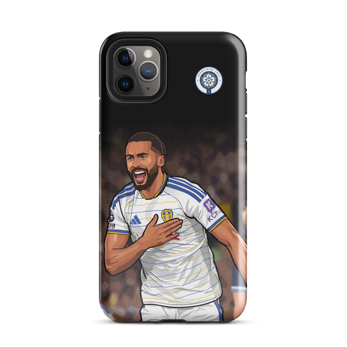 Tough black iPhone case showing Calvert-Lewin in white jersey with Leeds badge