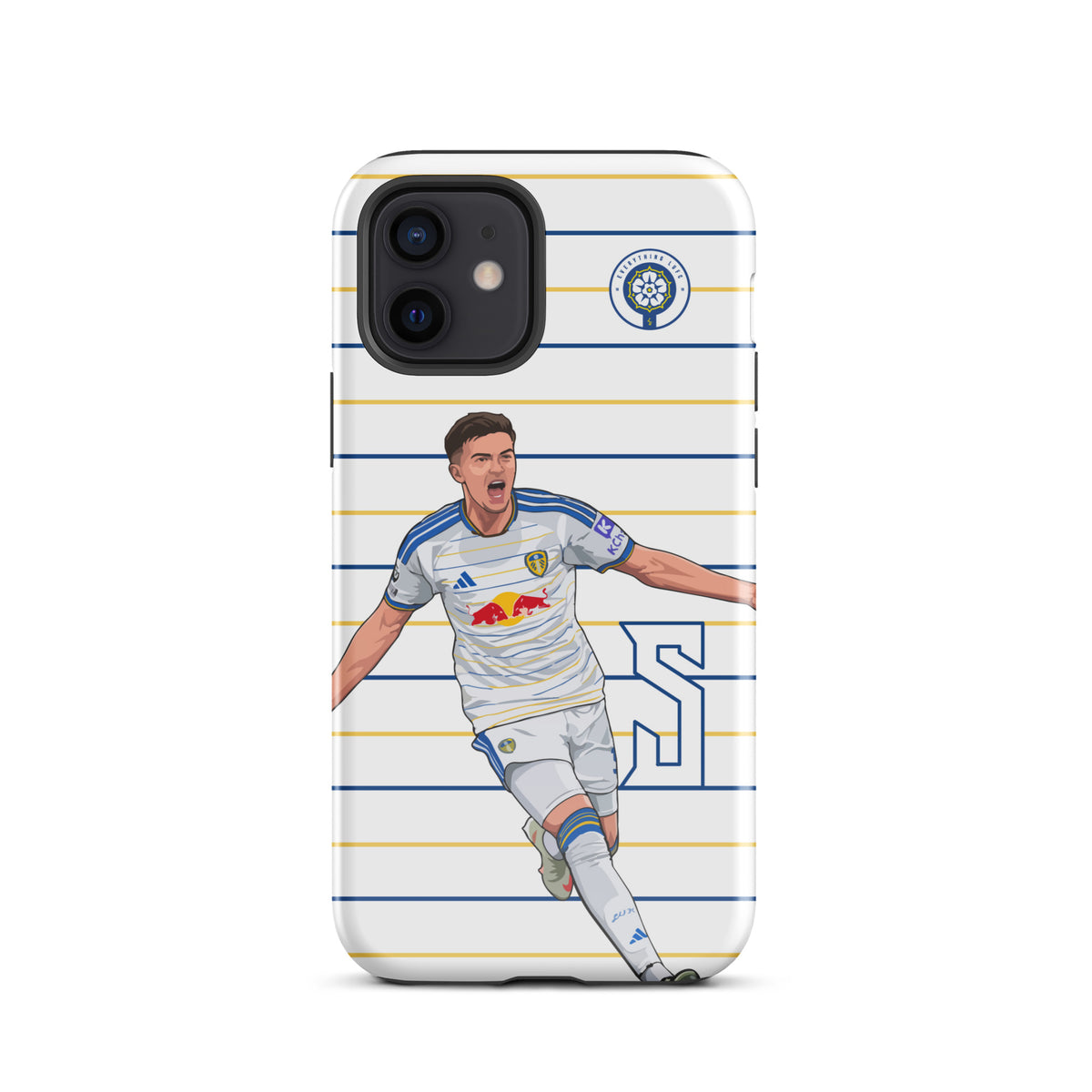 Tough iPhone case with striped design, rear camera cutout, and player celebration graphic