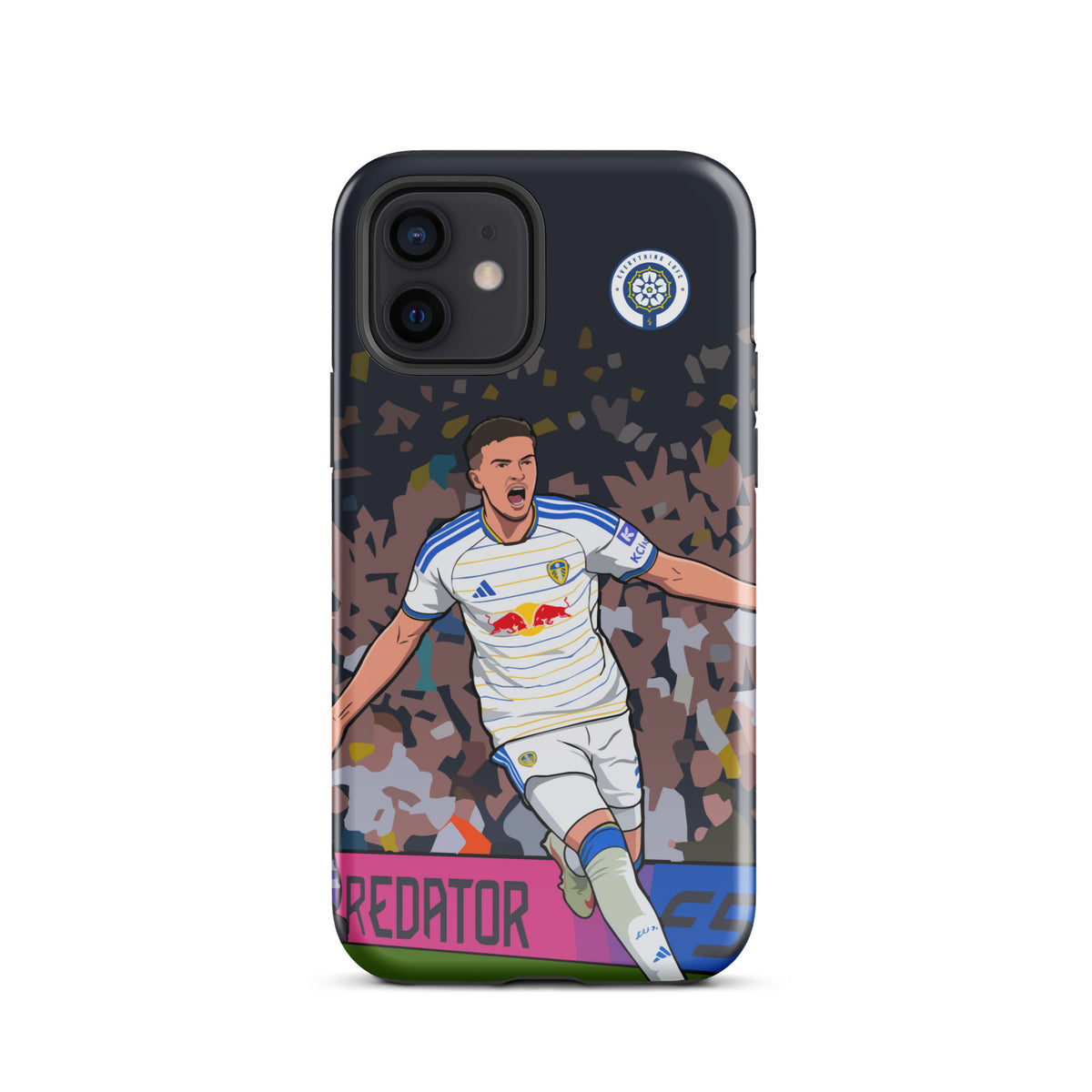 Tough iPhone case with footballer celebration design, navy camo artwork and camera cutouts