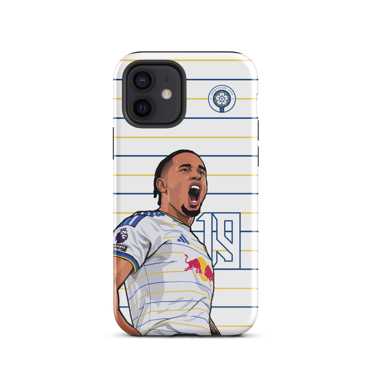 Tough iPhone case with camera cutouts, white-and-blue stripes, Leeds United crest, player art