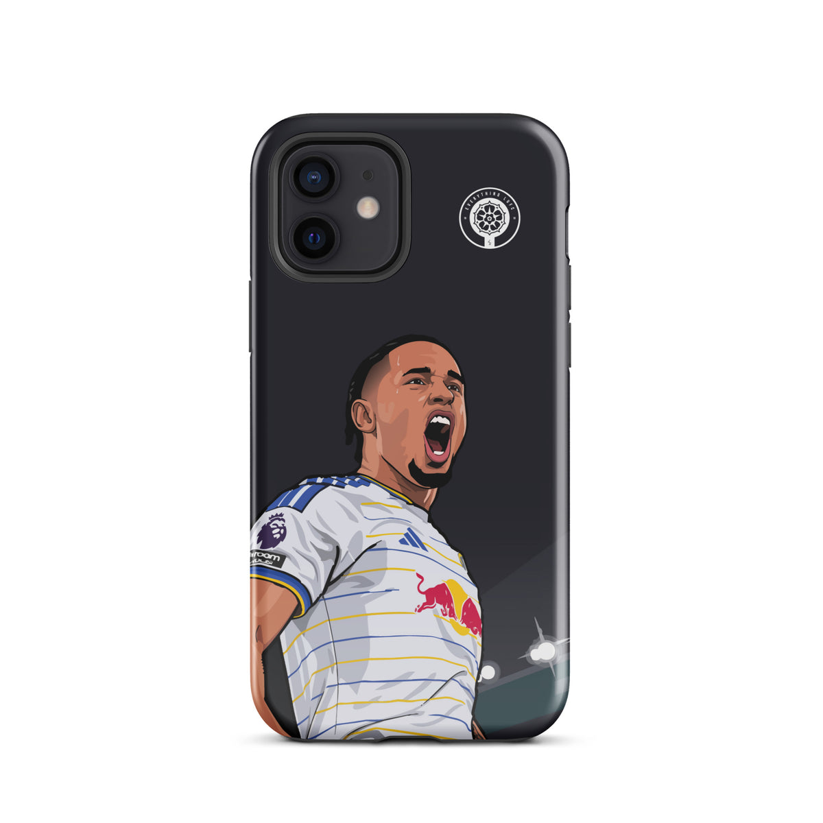 Dark iPhone case with Noah Okafor celebratory pose artwork and camera module openings