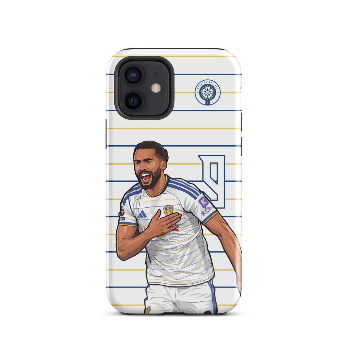 Tough iPhone case with white and blue stripes and player illustration with raised arm