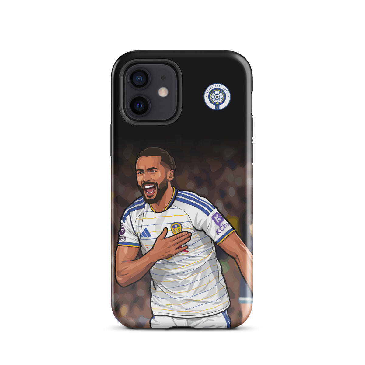 Tough black iPhone case with Calvert-Lewin illustration and Leeds United badge