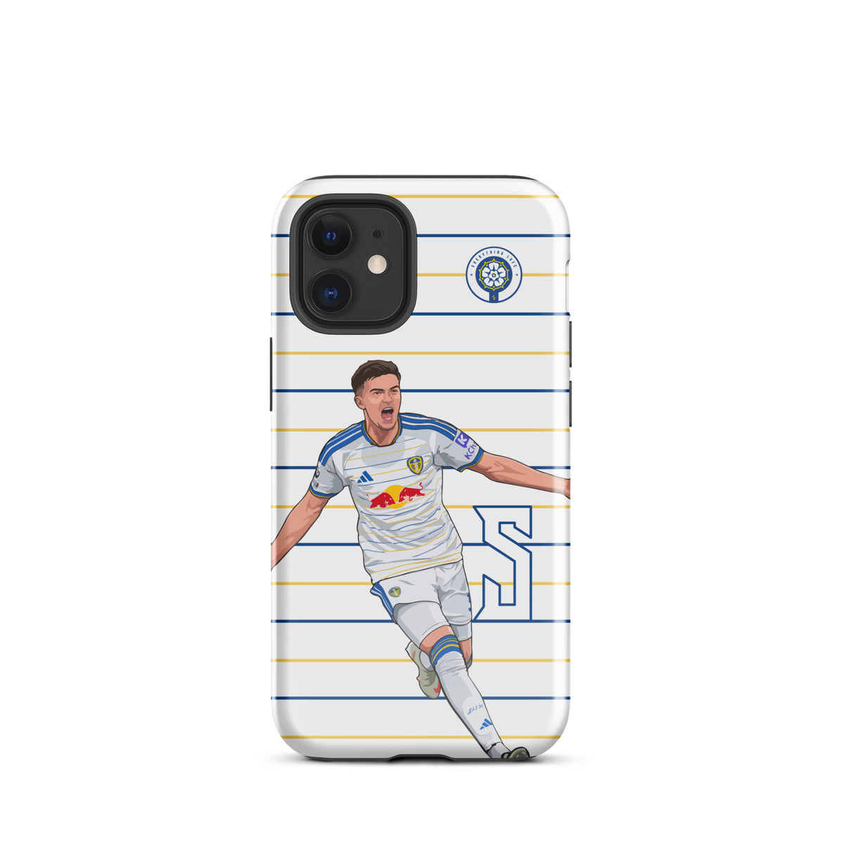 Tough iPhone case with blue-and-yellow stripes and player celebration graphic on the back