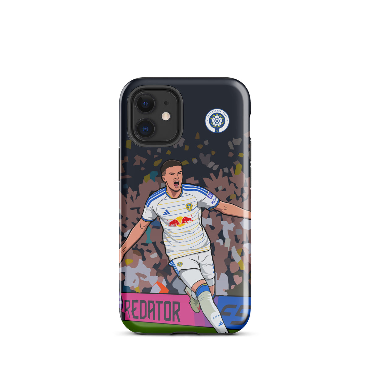 Tough iPhone case with footballer celebration illustration, dark camo pattern and green base edge