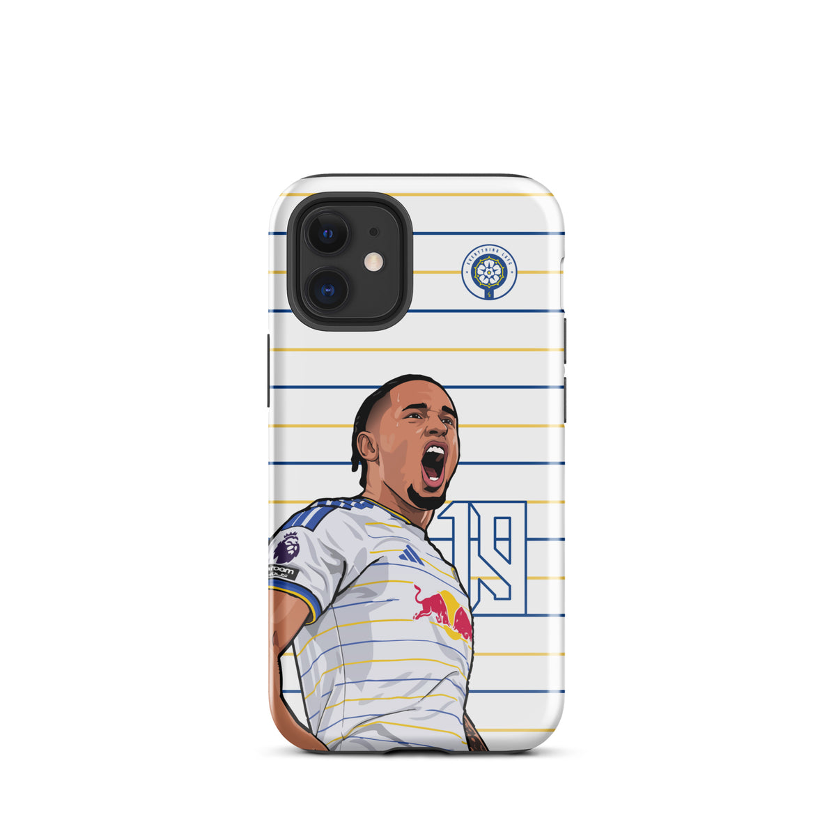 Tough iPhone case with white-and-blue stripes and Leeds United crest, partial player art