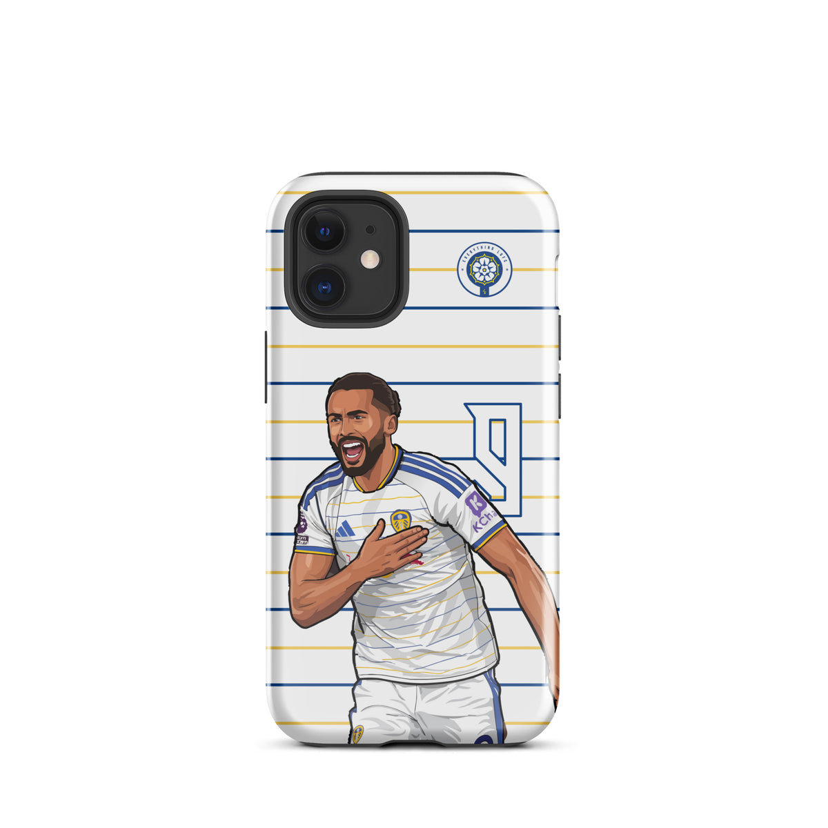 Tough iPhone case with player graphic and white-blue striped pattern plus team crest badge
