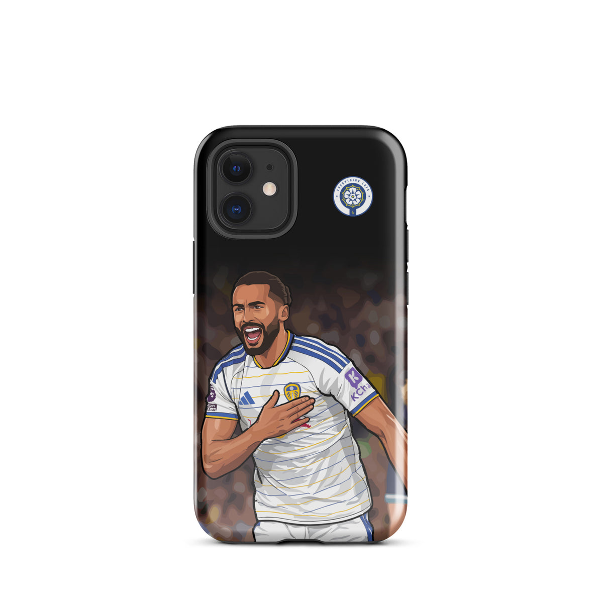 Tough black iPhone case with Leeds United emblem and Calvert-Lewin stadium graphic