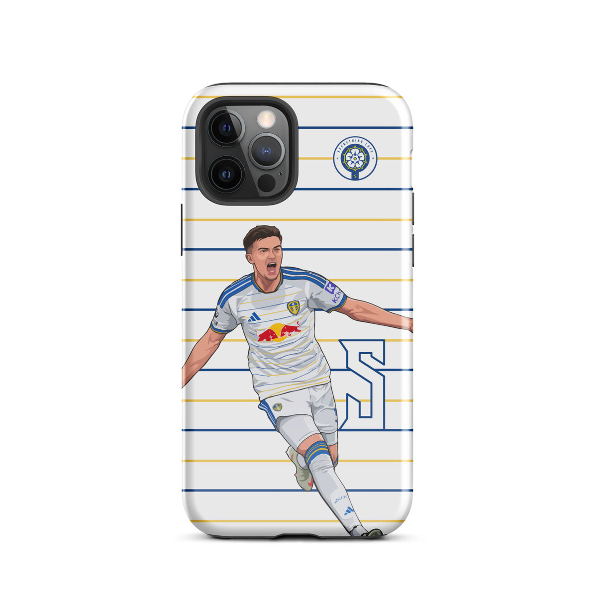 Tough iPhone case with horizontal stripes, quad-camera cutout, and player celebration artwork