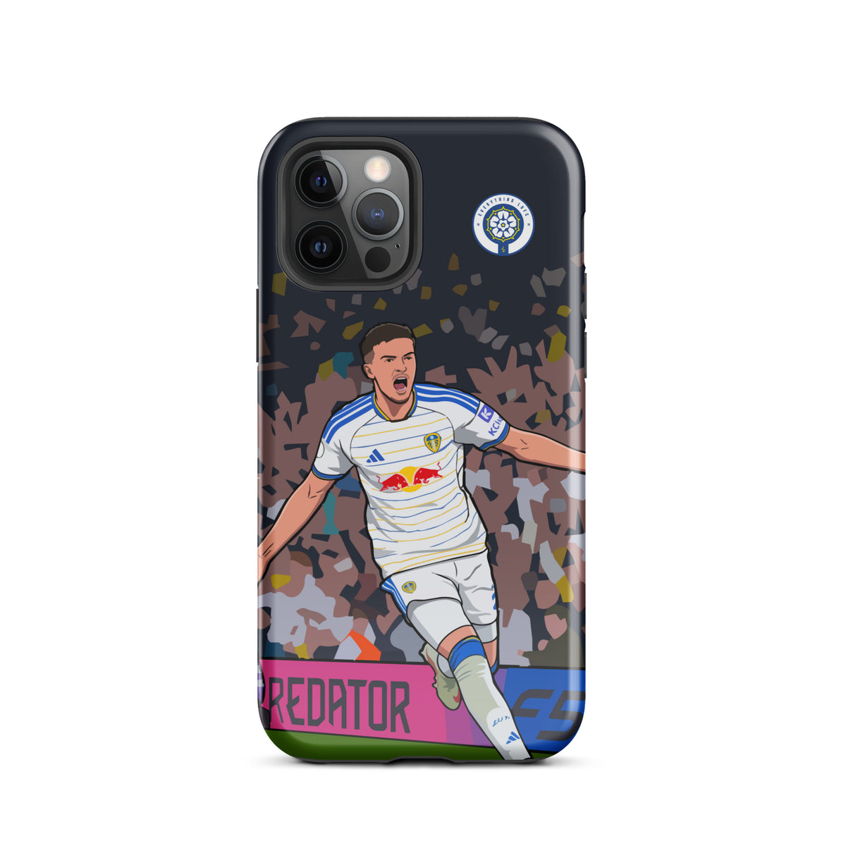 Tough iPhone case with footballer celebration graphic on dark camo print, lens cutouts visible