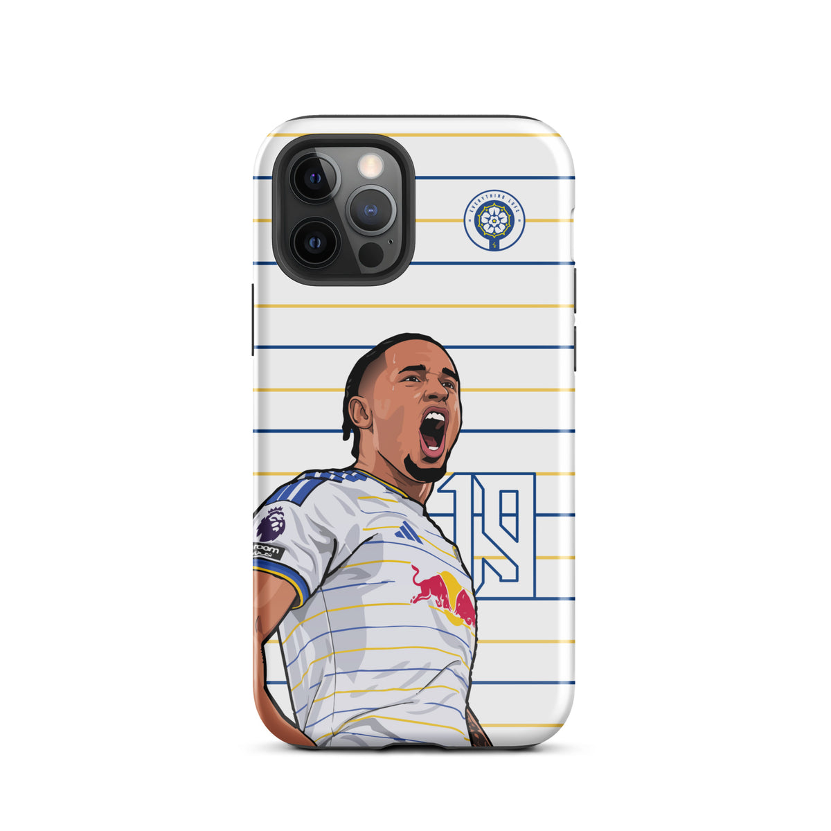 Tough iPhone case with white-and-blue stripes, Leeds United crest, player celebration graphic
