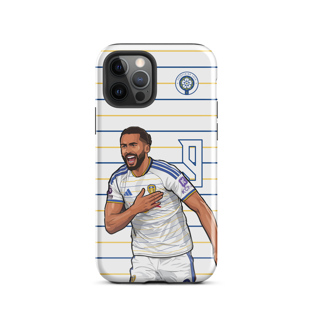 Tough iPhone case featuring cheering player artwork on blue-and-white horizontal stripes