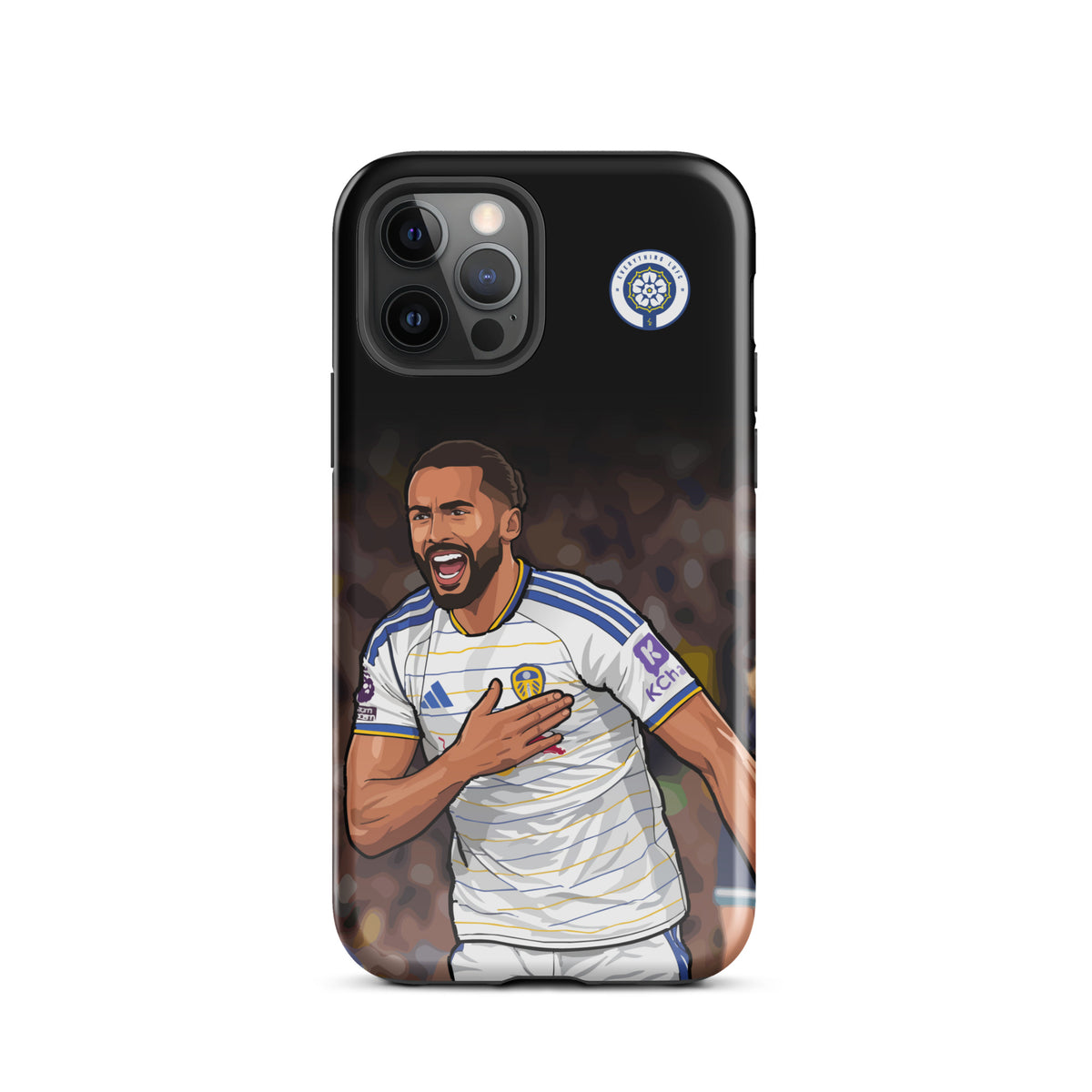 Tough black iPhone case featuring Calvert-Lewin artwork and Leeds United emblem