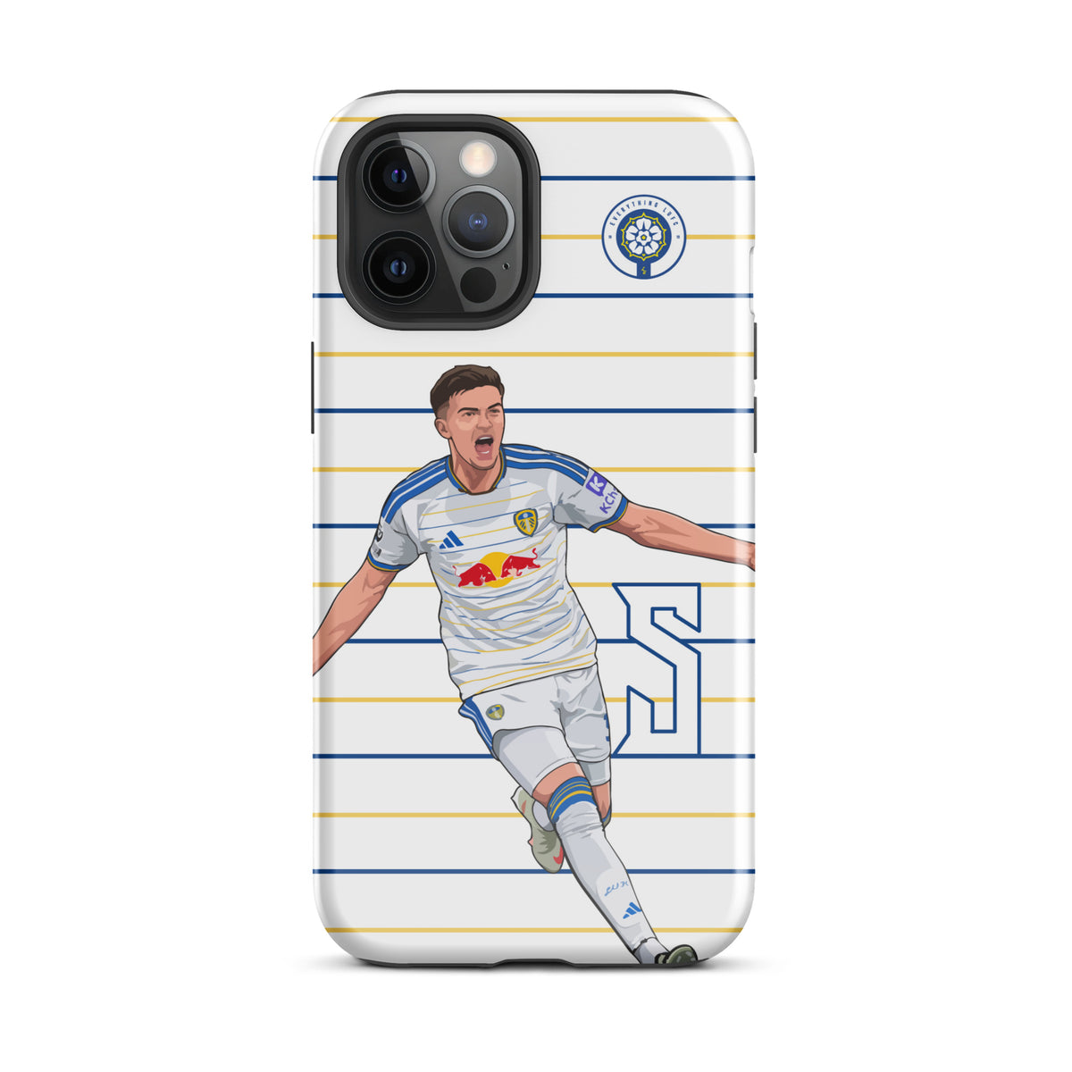 Tough iPhone case with striped background, rear camera cutout, and running player graphic