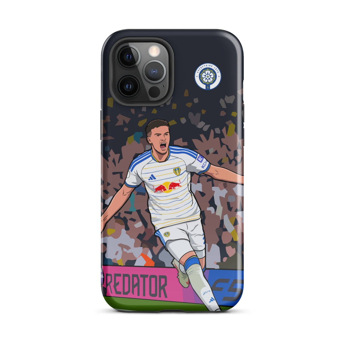 Tough iPhone case featuring footballer celebration artwork, navy camo background and side buttons