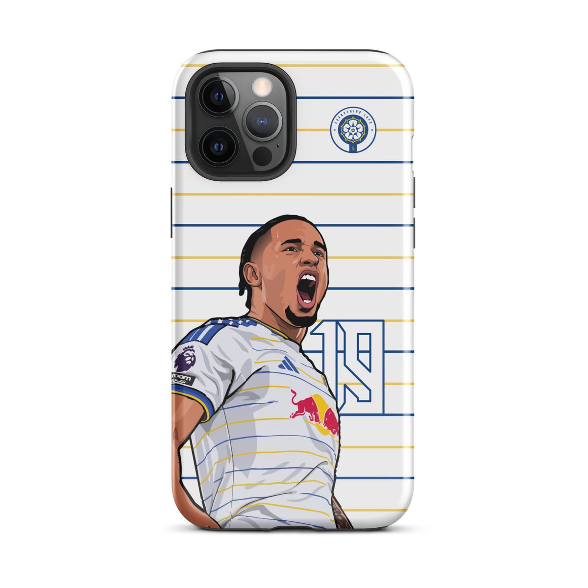 Tough iPhone case with camera cutouts, white-and-blue stripes, Leeds United crest