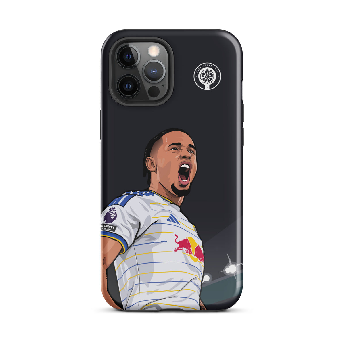 Dark tough iPhone case displaying Noah Okafor cheering artwork near camera cutouts