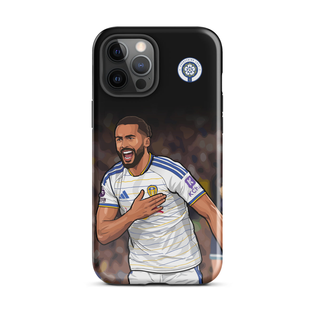 Tough black iPhone case with Leeds United badge and Calvert-Lewin in white kit