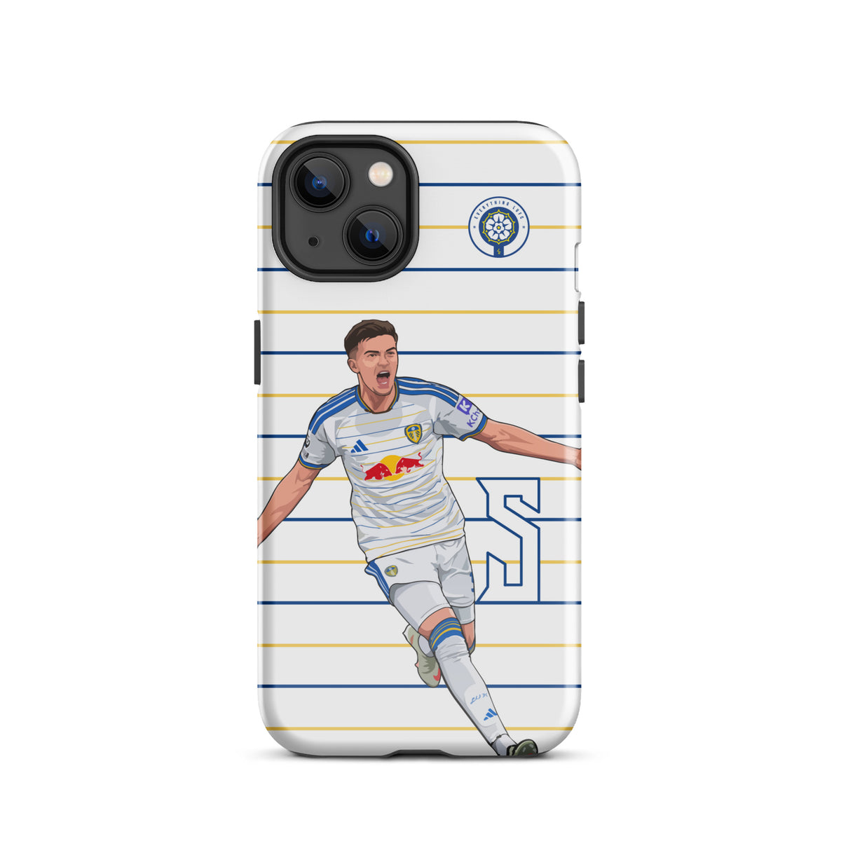 Tough iPhone case with blue-and-yellow stripes, camera cutout, and player celebration illustration