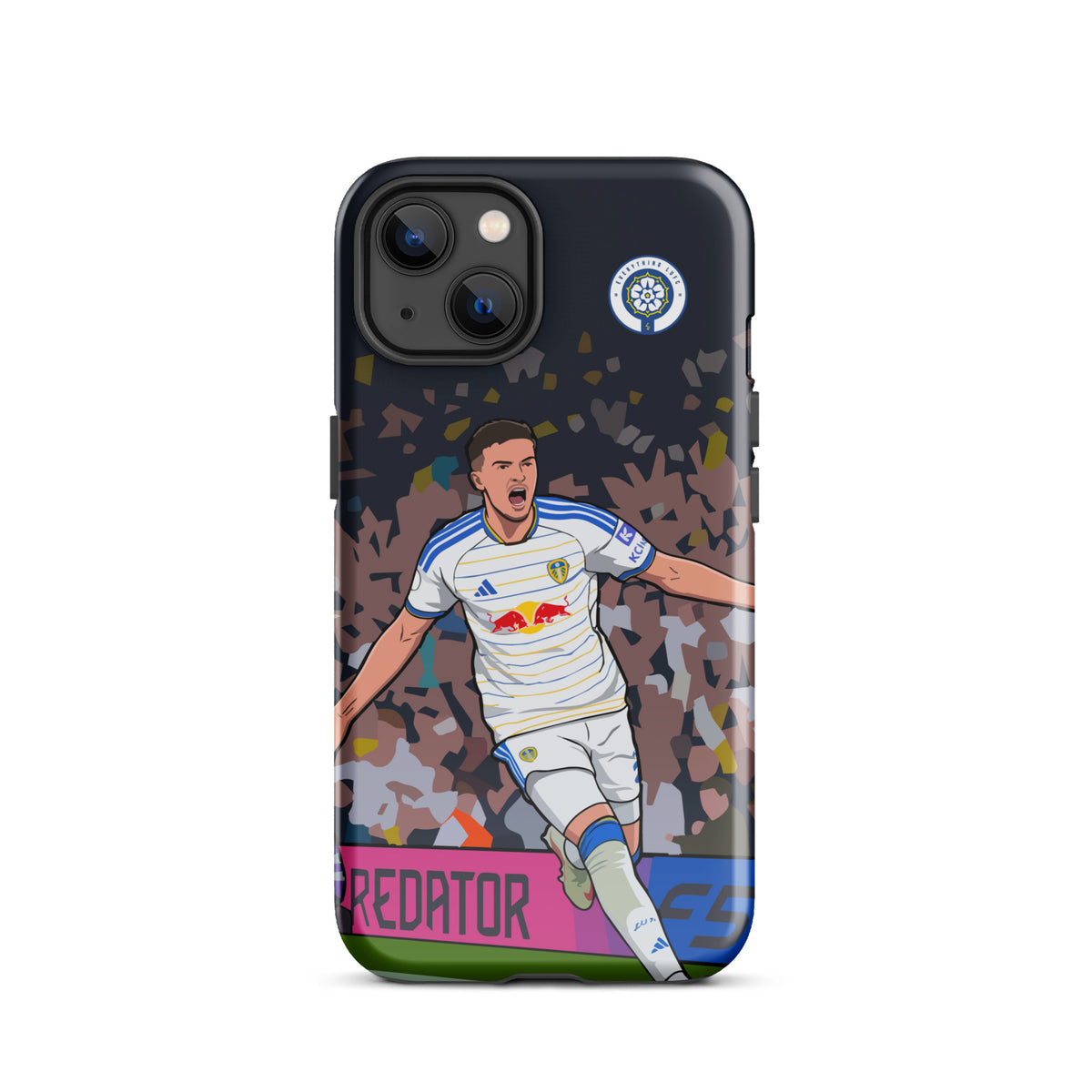 Tough iPhone case with footballer celebration artwork, navy camo design and raised camera cutouts