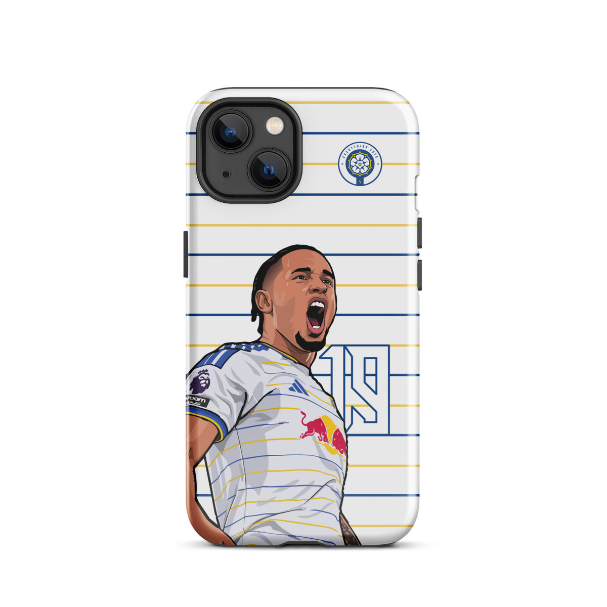 Tough iPhone case with camera cutouts, white-and-blue stripes, Leeds United crest, player art