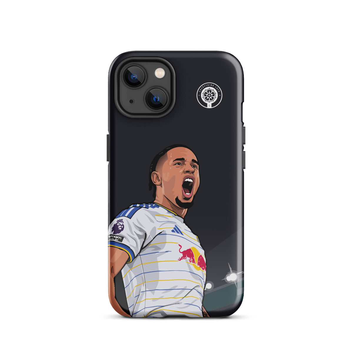 Dark tough iPhone case with Noah Okafor celebratory shout graphic and camera openings
