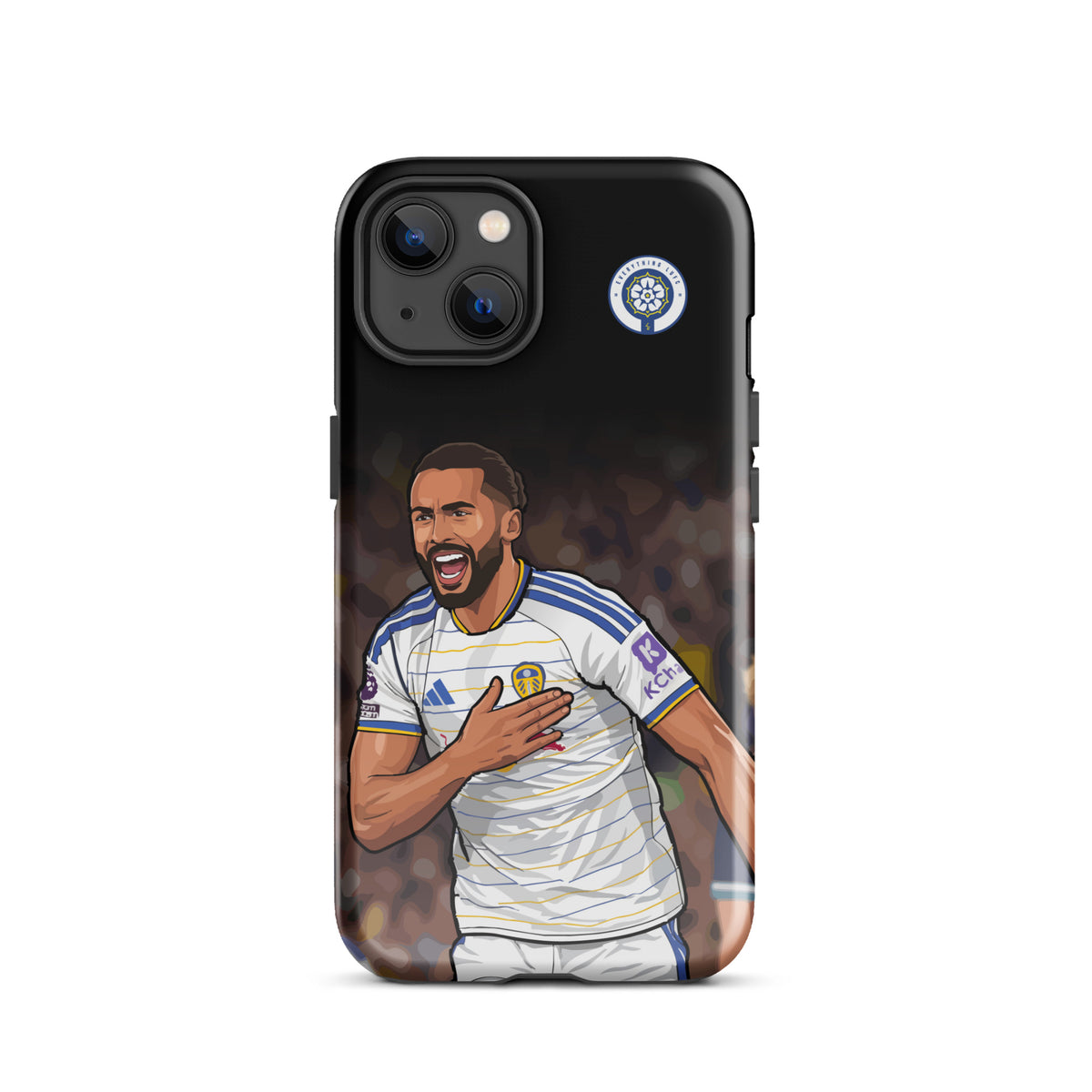 Tough black iPhone case with Leeds United emblem and Calvert-Lewin character design