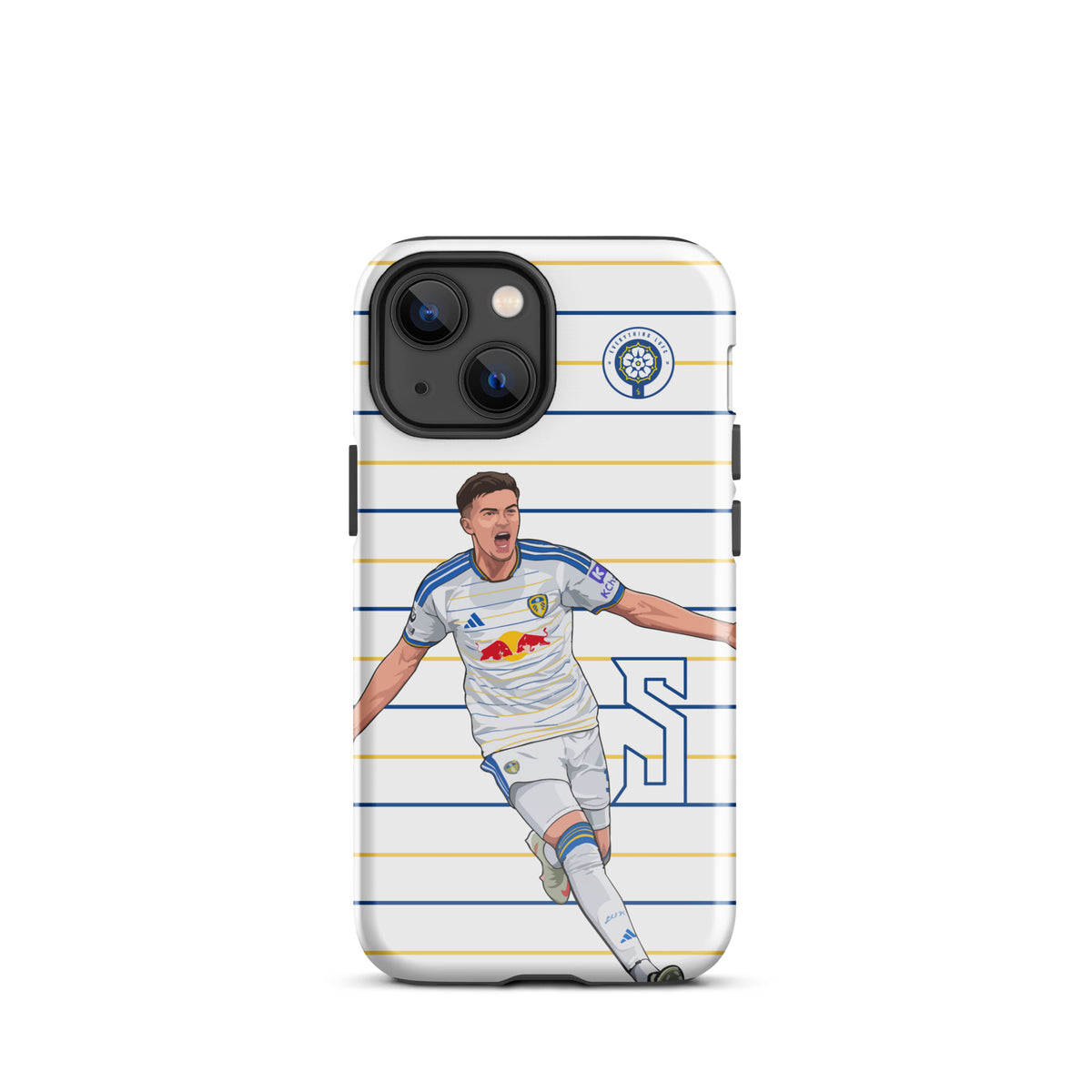 Tough iPhone case with horizontal stripes and player celebration graphic, rear camera cutout