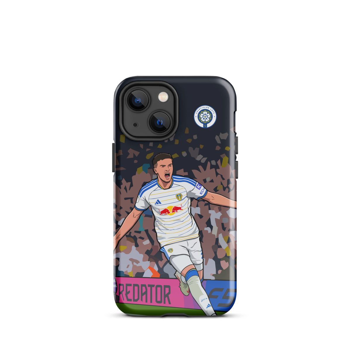 Tough iPhone case with footballer celebration graphic, dark camo print and camera module openings
