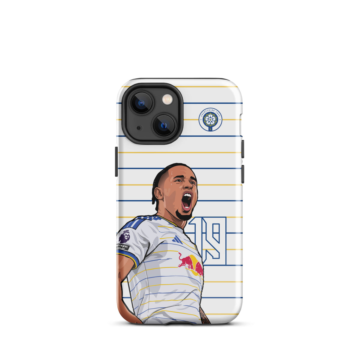 Tough iPhone case with white-and-blue stripes, Leeds United crest, player celebration art