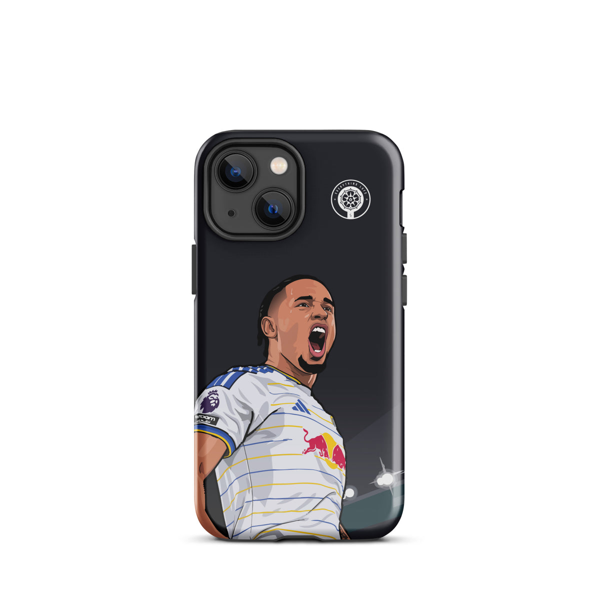 Dark iPhone case with Noah Okafor celebration player graphic and round emblem badge