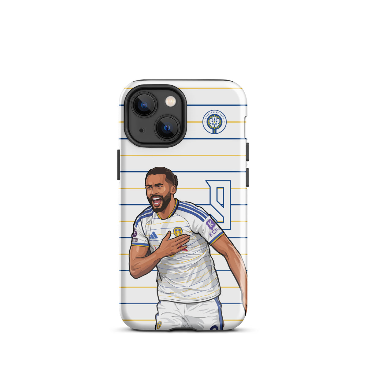 Tough iPhone case with blue and white stripes and player illustration with hands on chest