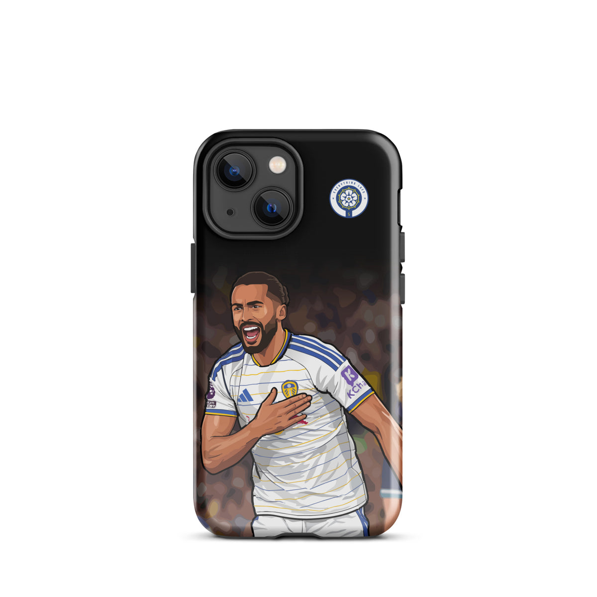 Tough black iPhone case with Calvert-Lewin soccer player graphic and Leeds badge