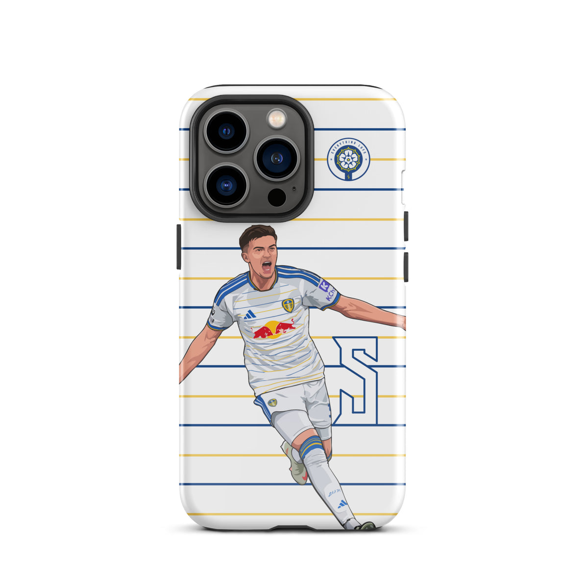 Tough iPhone case with blue-and-yellow stripes, triple-camera cutout, and player celebration art