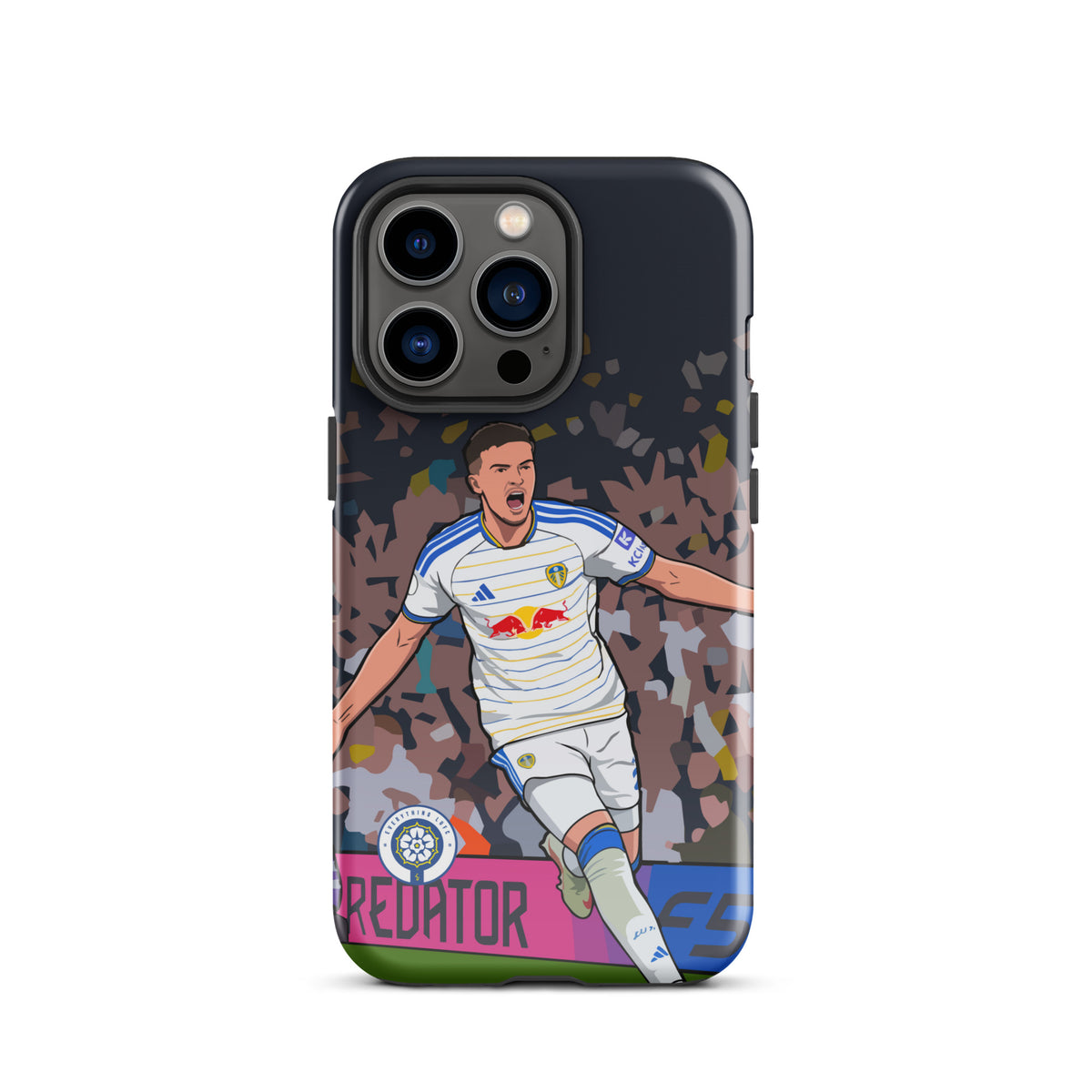 Dark tough iPhone case with player celebration graphic, confetti background, vertical triple camera cutouts