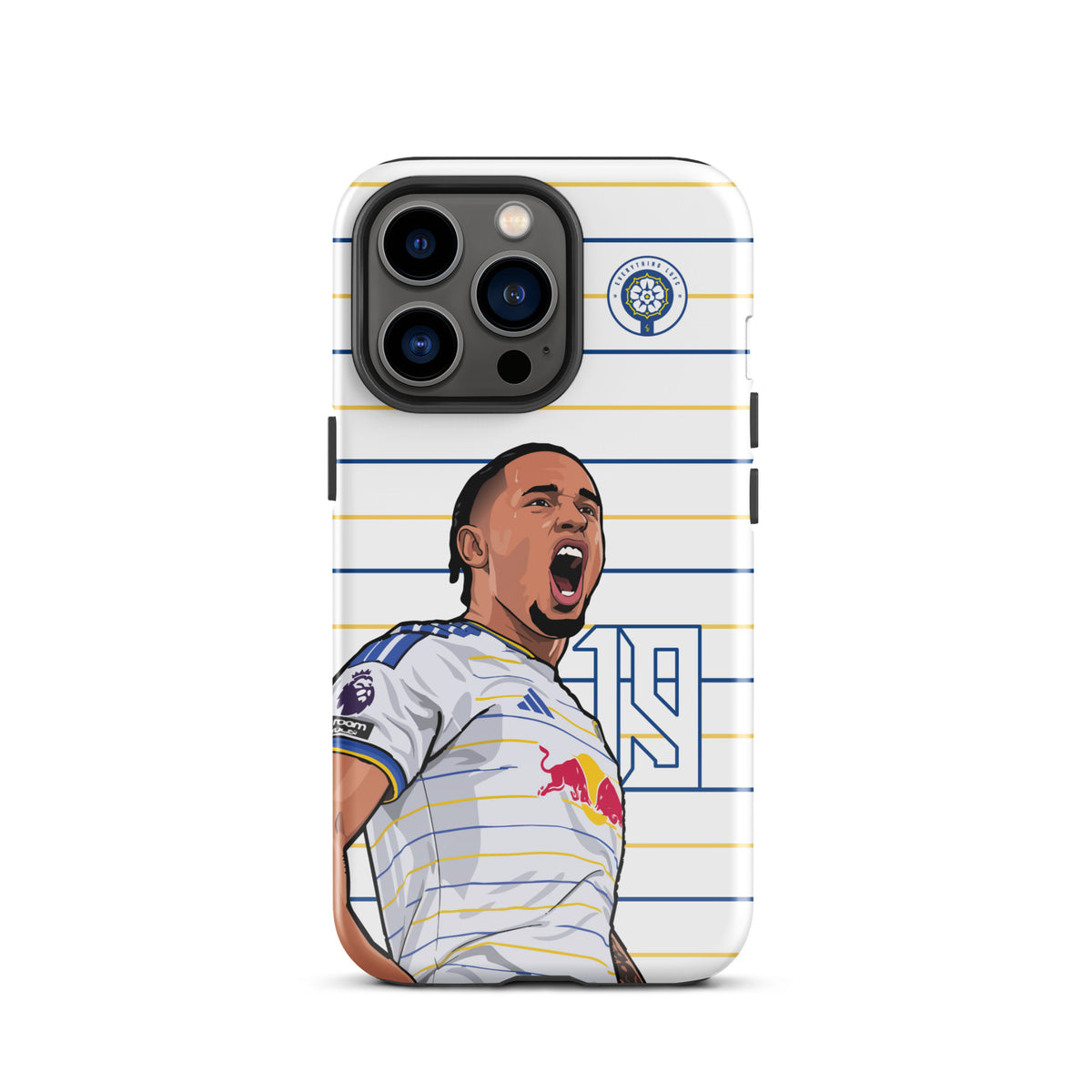Tough iPhone case with striped player graphic and black camera cutouts
